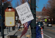 A sign left by an anti-protestor is shown near the Nevada State Legislature on January 17, 2021, in ...