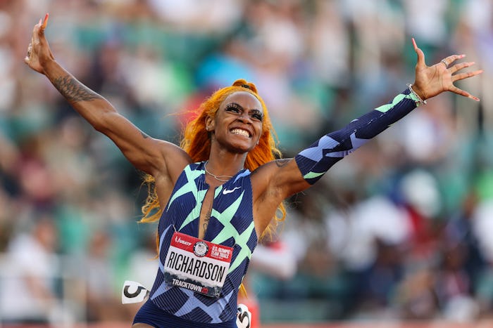 EUGENE, OREGON - JUNE 19: Sha'Carri Richardson celebrates winning the Women's 100 Meter final on day...