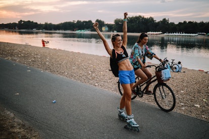 Female friends out for some cycling and rollerblading after work in the afternoon. 10 ways how to ma...