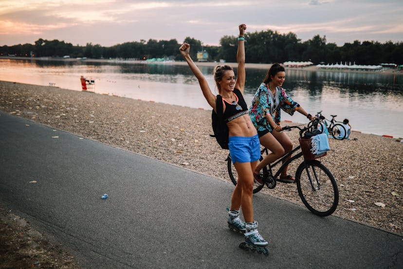 Female friends out for some cycling and rollerblading after work in the afternoon. 10 ways how to ma...