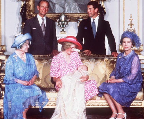 Princess Diana holds Prince Williams, 04 August 1982, after his Christening, flanked by the Queen an...