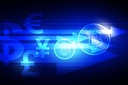 Cryptocurrency illustration concept shows an abstract blue color of Bitcoin that is transferred from...