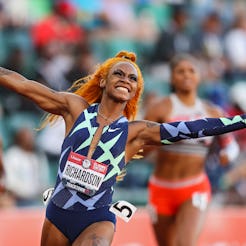 Sha'Carri Richardson celebrates winning the Women's 100 Meter final at the U.S. Olympic Track & Fiel...