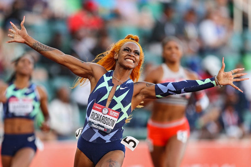 Sha'Carri Richardson celebrates winning the Women's 100 Meter final at the U.S. Olympic Track & Fiel...