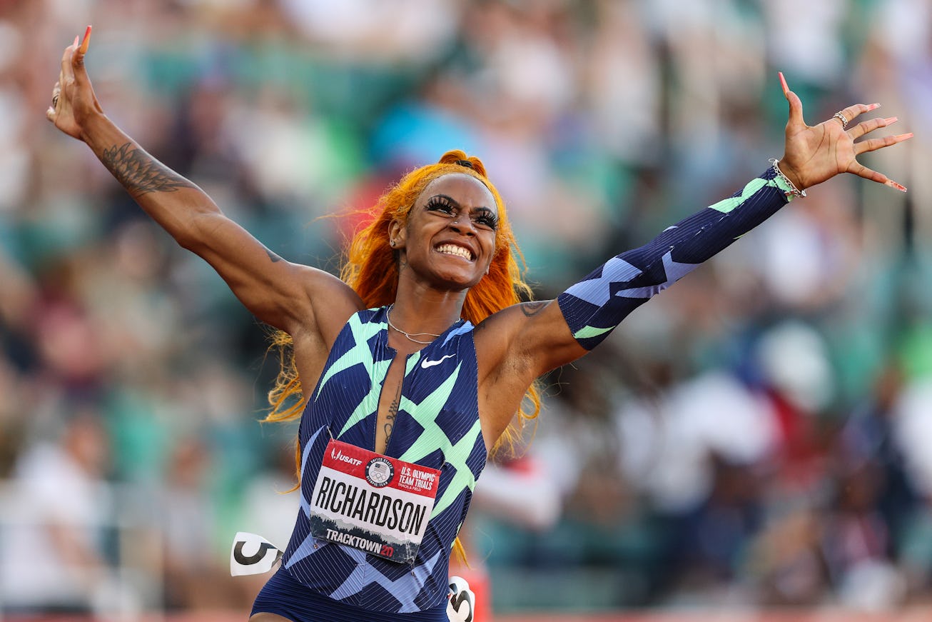 EUGENE, OREGON - JUNE 19: Sha'Carri Richardson celebrates winning the Women's 100 Meter final on day...