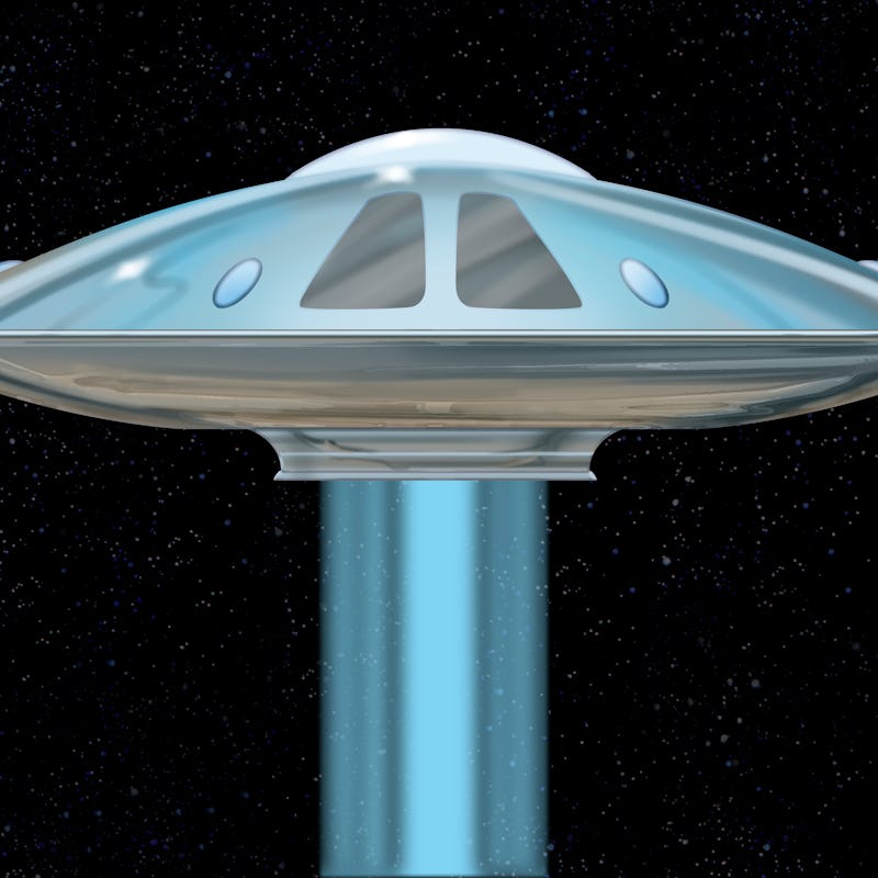 Extraterrestrial ship, UFO . A beam of light beneath. Night sky