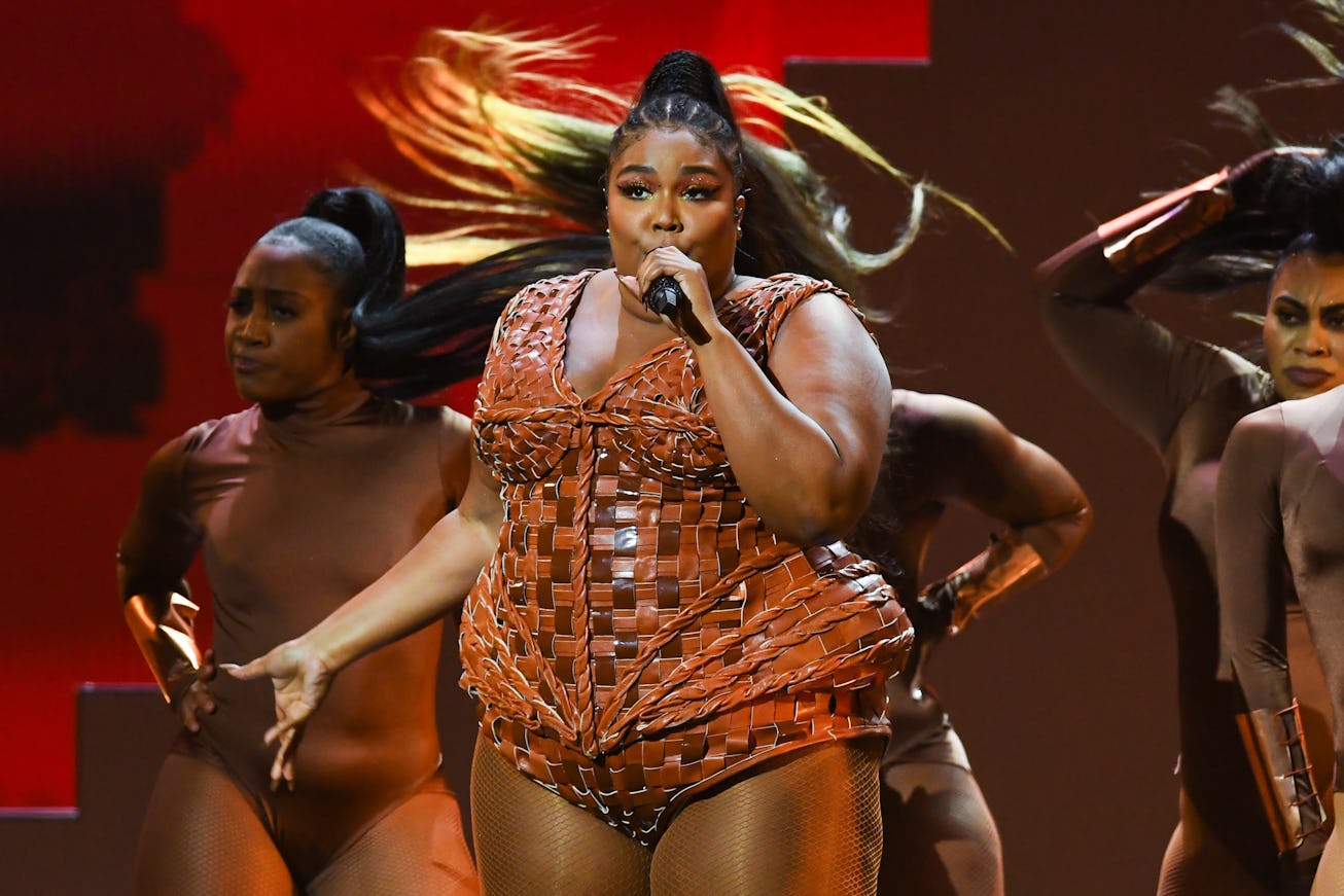 LONDON, ENGLAND - FEBRUARY 18: (EDITORIAL USE ONLY) Lizzo performs live on stage during The BRIT Awa...