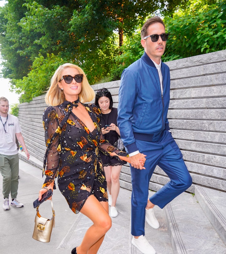 Paris Hilton holds hands with fiancé Carter Reum in New York City. (Photo by Gotham/GC Images)