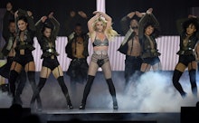 LONDON, ENGLAND - AUGUST 24:  Britney Spears on stage during the "Piece Of Me" Summer Tour at the O2...