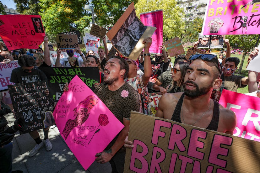 Los Angeles, CA - June 23: Supporters of Britney Spears rally as hearing on the Britney Spears conse...