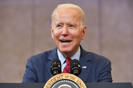 US President Joe Biden speaks after visiting a mobile vaccination unit at the Green Road Community C...