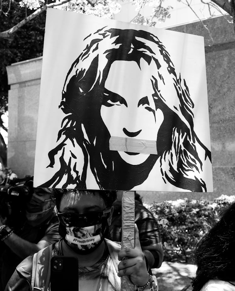 #FreeBritney activists protest at Los Angeles Grand Park during a conservatorship hearing for Britne...