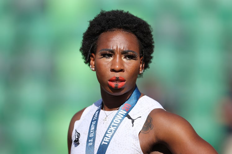 EUGENE, OREGON - JUNE 26: Gwendolyn Berry celebrates finishing third in the Women's Hammer Throw fin...
