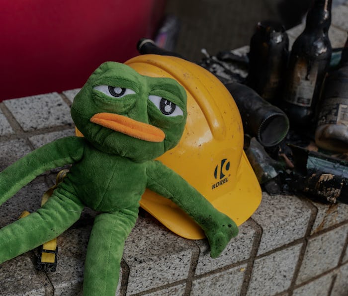 HONG KONG, CHINA - November 23: A stuffed doll of Pepe the Frog sits at the main entrance of the cam...