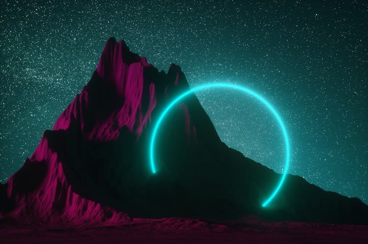 Abstract view of neon geometric shape near mountain at night on stars background. 3d render.