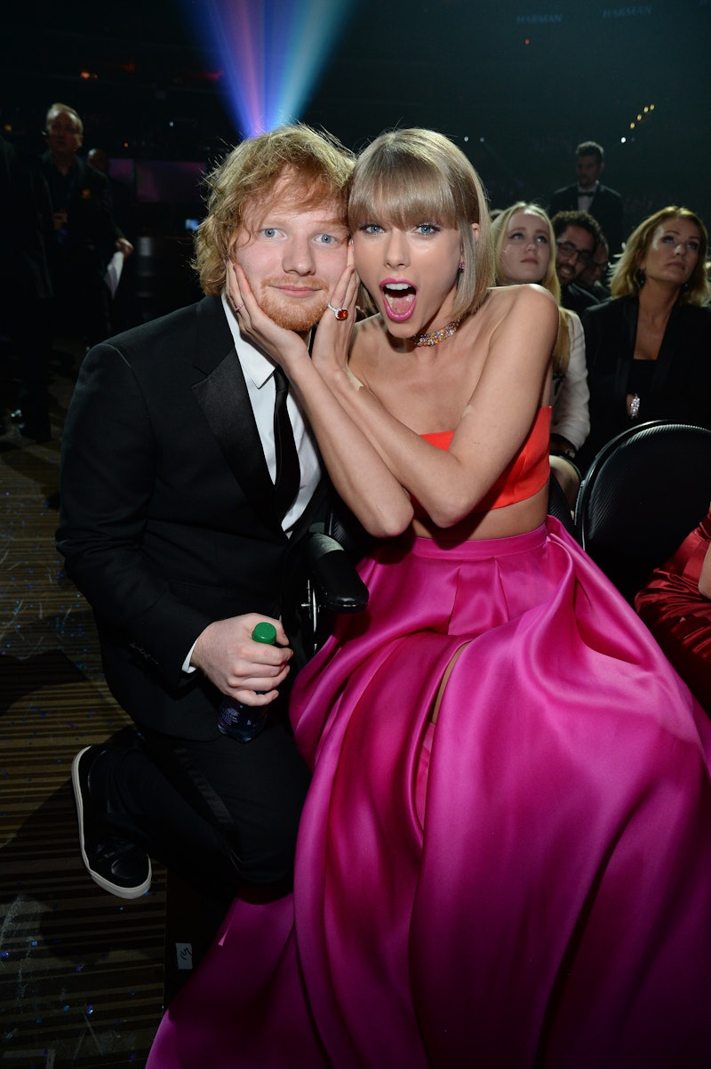 LOS ANGELES, CA - FEBRUARY 15:  Ed Sheeran and Taylor Swift attend The 58th GRAMMY Awards at Staples...