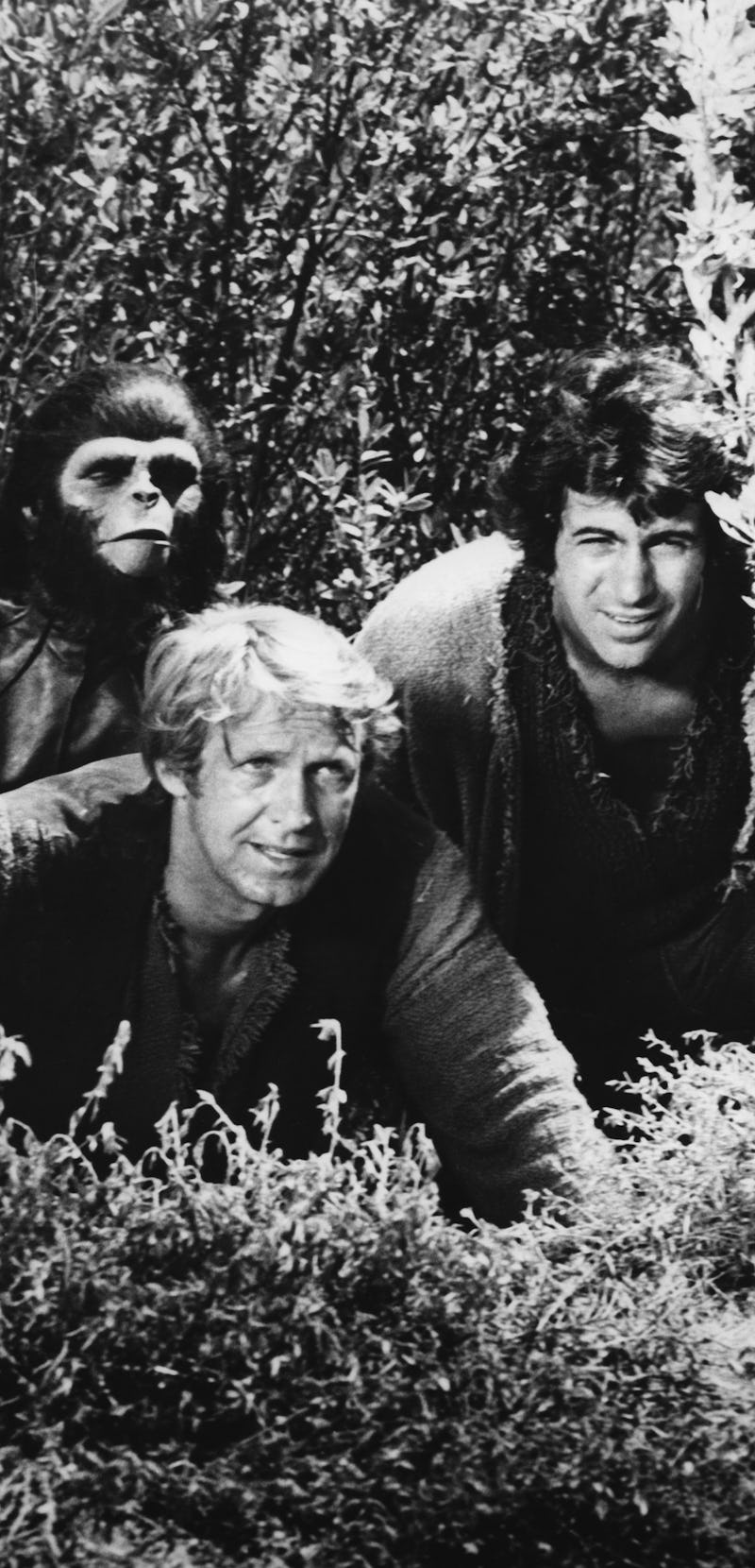 From left to right, actors Roddy McDowall as Galen, Ron Harper as Alan Virdon, and James Naughton as...