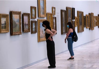 People visit the National Gallery in Athens, Greece, on May 14, 2021. All the museums in Greece reop...