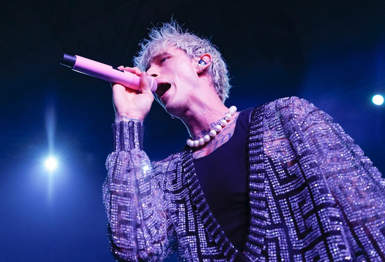 WESTFIELD, IN - MAY 28: Machine Gun Kelly performs during the Barstool 500 party at Grand Park on Ma...