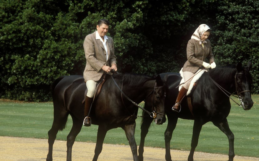 Queen Elizabeth rode on the grounds of Windsor Castle with President Reagan.