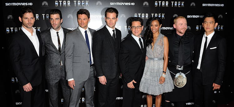 (Left to right) Eric Bana, Zachary Quinto, Karl Urban, Chris Pine, JJ Abrams, Zoe Saldana, Simon Peg...