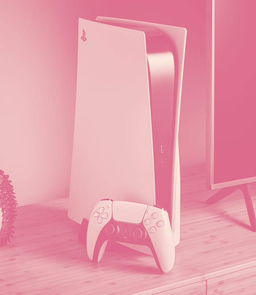 Living room with a Sony PlayStation 5 home video game console and DualSense controller alongside a t...