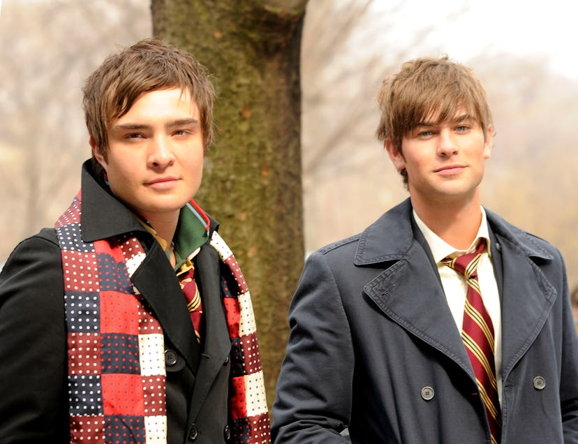 Ed Westwick and Chace Crawford on the set of ''Gossip Girl'' on March 14, 2008 in New York City. 