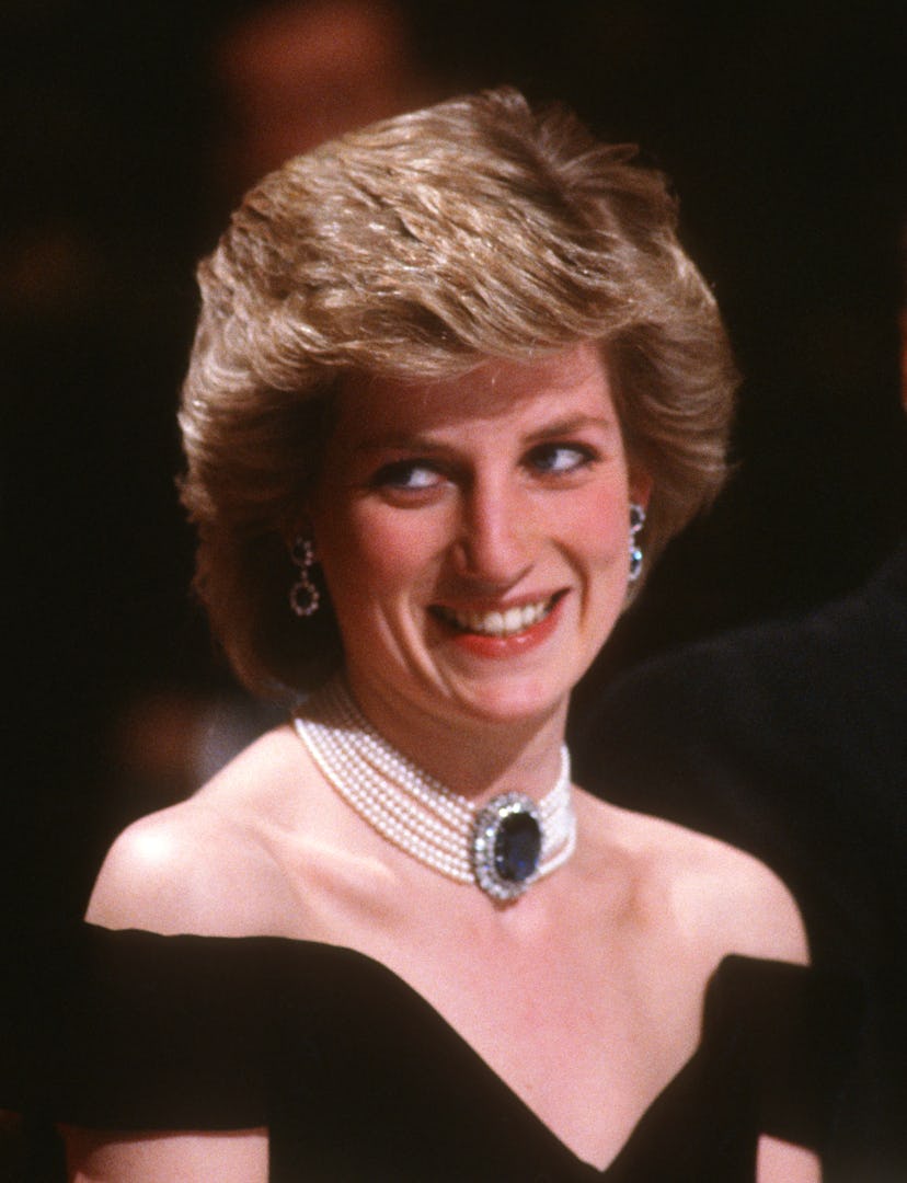 VIENNA, AUSTRIA - APRIL 16: Diana, Princess of Wales, wearing a midnight blue velvet, off the should...