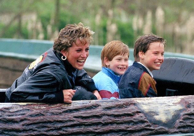 Princess Diana with a young Prince Harry and Prince William at Thorpe Amusement Park.