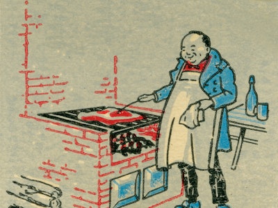 Matchbook image of man wearing apron cooking steak on a brick grill.