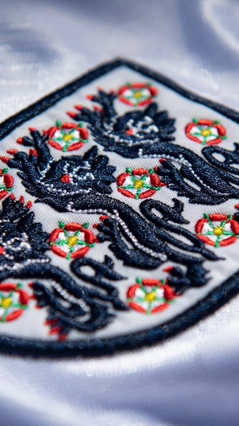 The three lions England crest on the England shirt in  2020