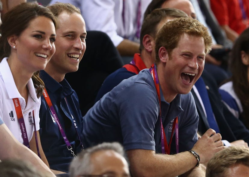 Kate Middleton, Prince William, and Prince Harry laugh while watching an event at the 2012 Olympics ...