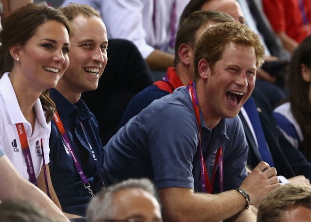 Kate Middleton, Prince William, and Prince Harry laugh while watching an event at the 2012 Olympics ...