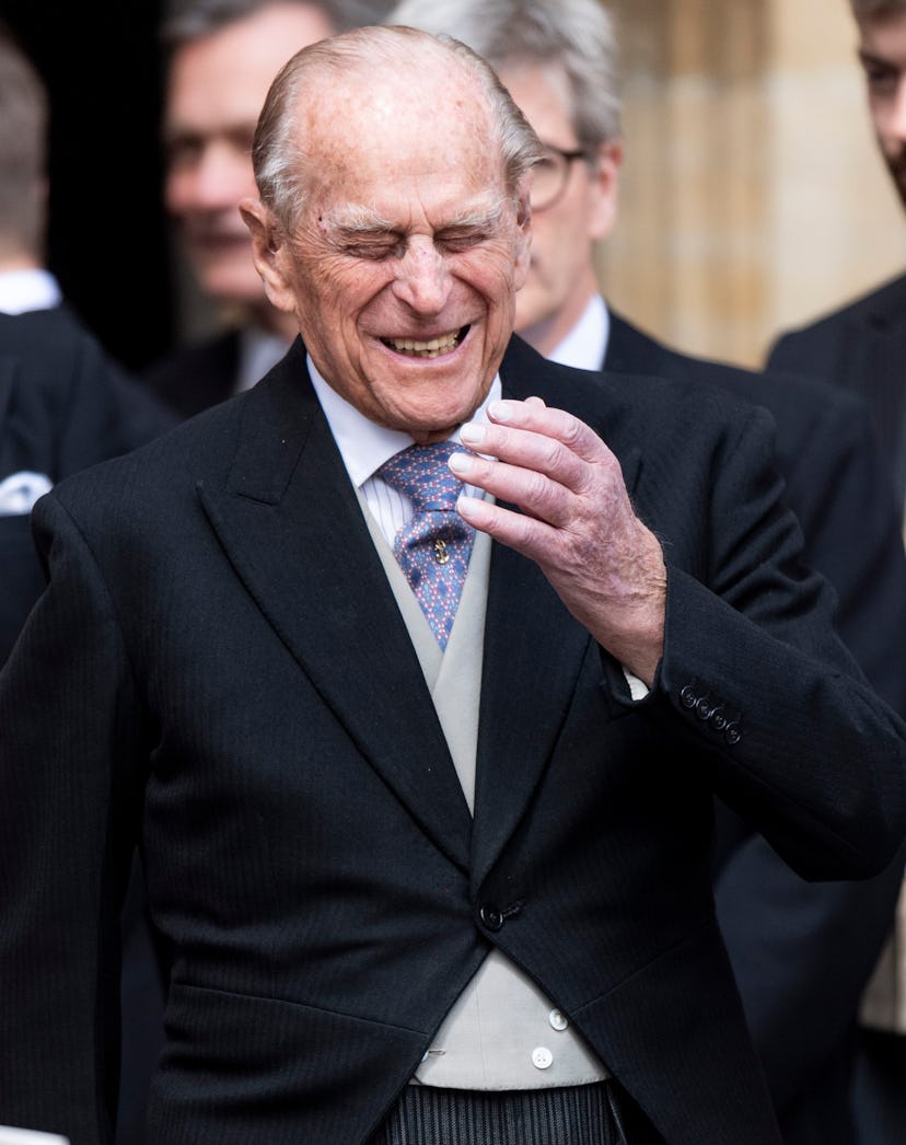 Prince Philip, Duke of Edinburgh laughs at the wedding of Lady Gabriella Windsor.