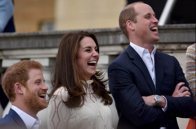 Prince Harry, Catherine, Duchess of Cambridge and Prince William, Duke of Cambridge laugh as they ho...