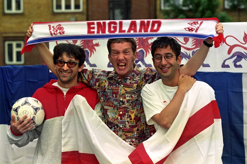 Ian Broudie from the Lightening Seeds (left to right), comedians Frank Skinner and David Baddiel at ...