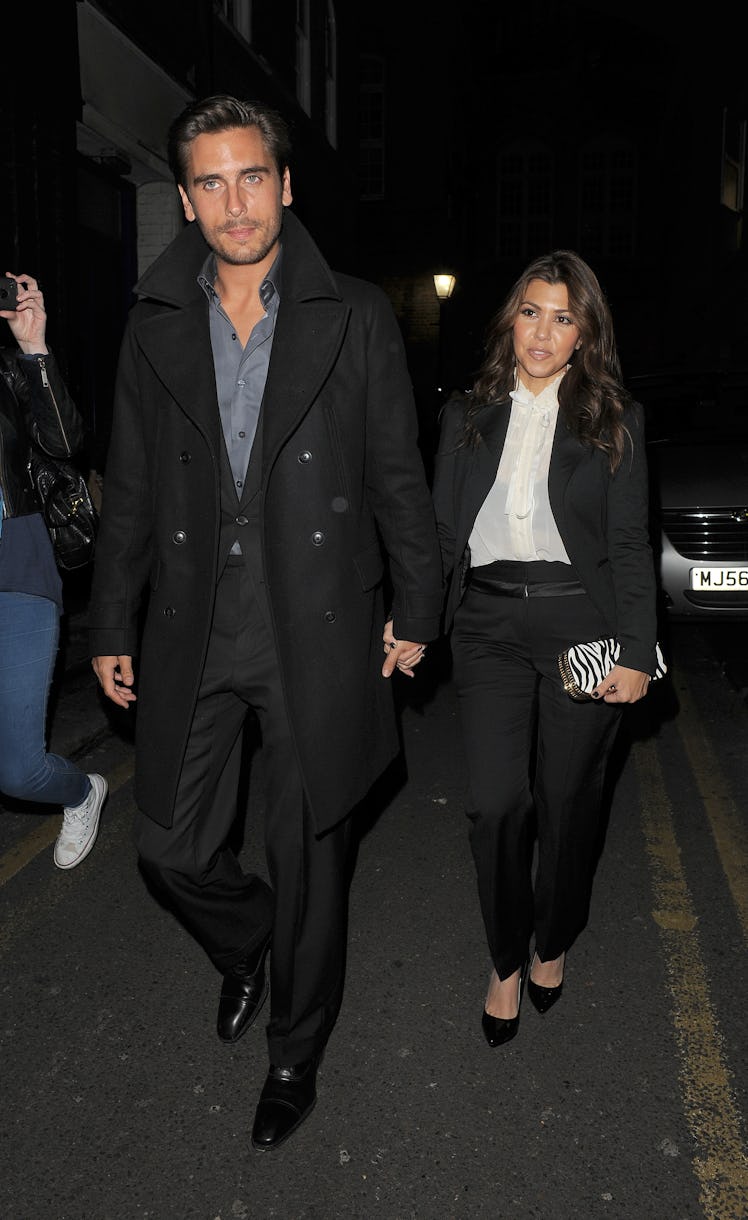 LONDON, ENGLAND - NOVEMBER 10: Scott Disick and Kourtney Kardashian leave Hakkasan restaurant on Tot...