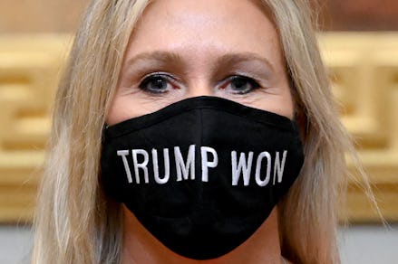 WASHINGTON, DC - JANUARY 3: 
Q Anon supporter Marjorie Taylor Greene (R-Ga.) sports a Trump Won mask...