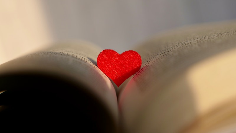 Close-up of a book with a red heart with daylight with soft focus. Love for reading literature and l...