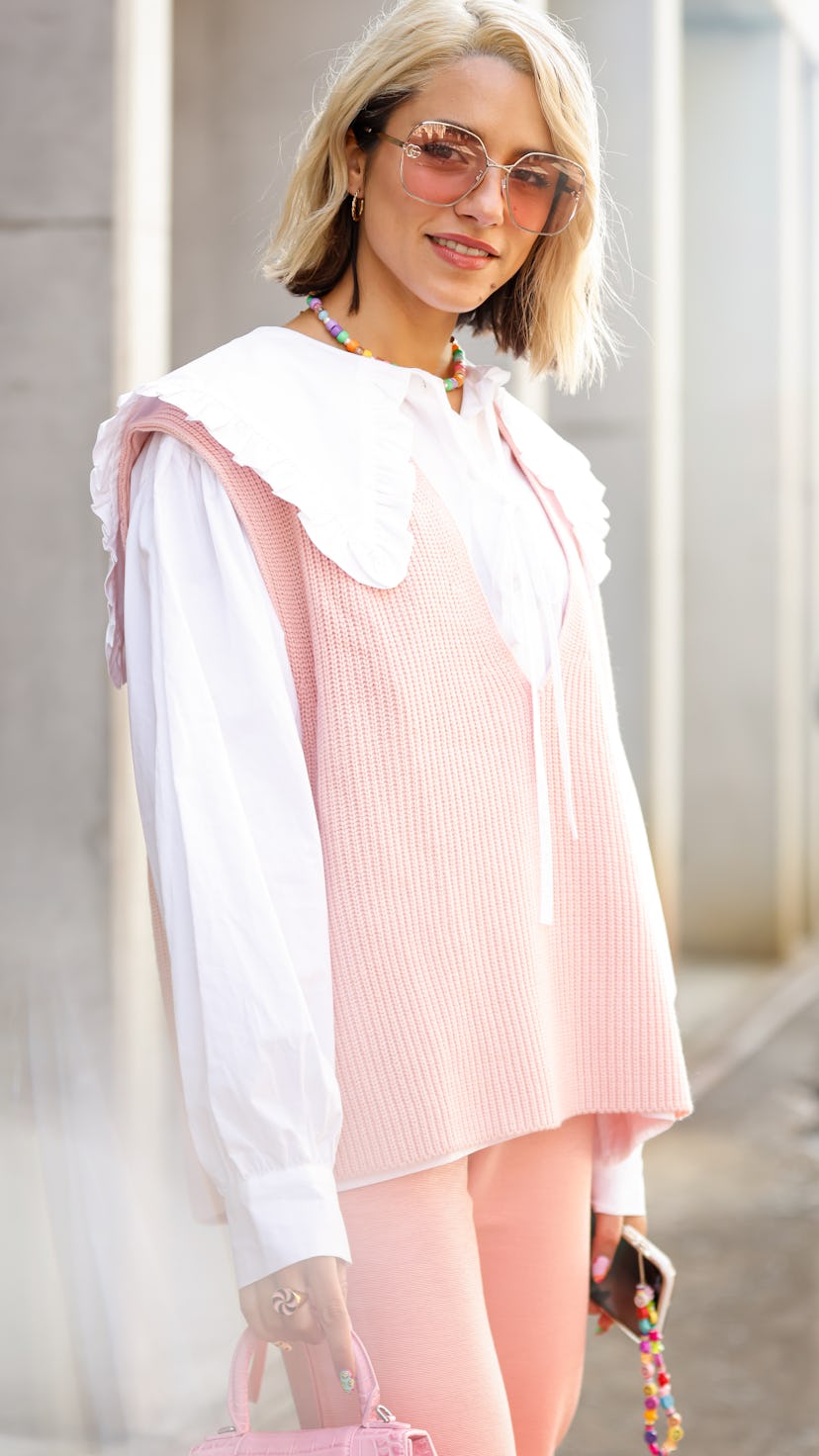 Maxine Wylde wearing Blanca Studio shirt, Frankie Shop vest, Onarins pants, Gucci shoes and sunglass...