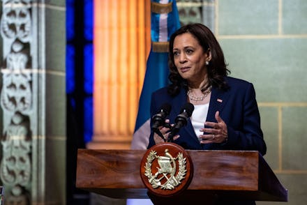GUATEMALA CITY, GUATEMALA - JUNE 07: Vice President Kamala Harris speaks while Guatemalan President ...