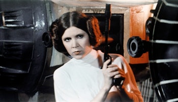 American actress Carrie Fisher on the set of Star Wars: Episode IV - A New Hope written, directed an...
