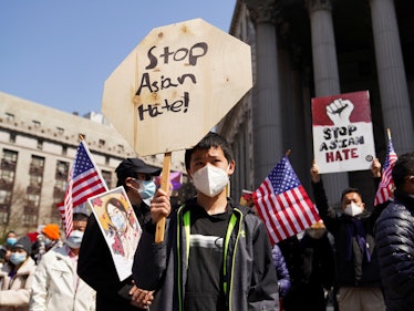 NEW YORK, April 4, 2021 -- People rally to protest against anti-Asian hate crimes on Foley Square in...