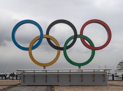 The 2021 Olympic Rings are displayed at Akarenga Park in Yokohama, Japan. 