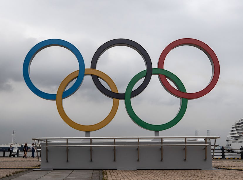 The 2021 Olympic Rings are displayed at Akarenga Park in Yokohama, Japan. 