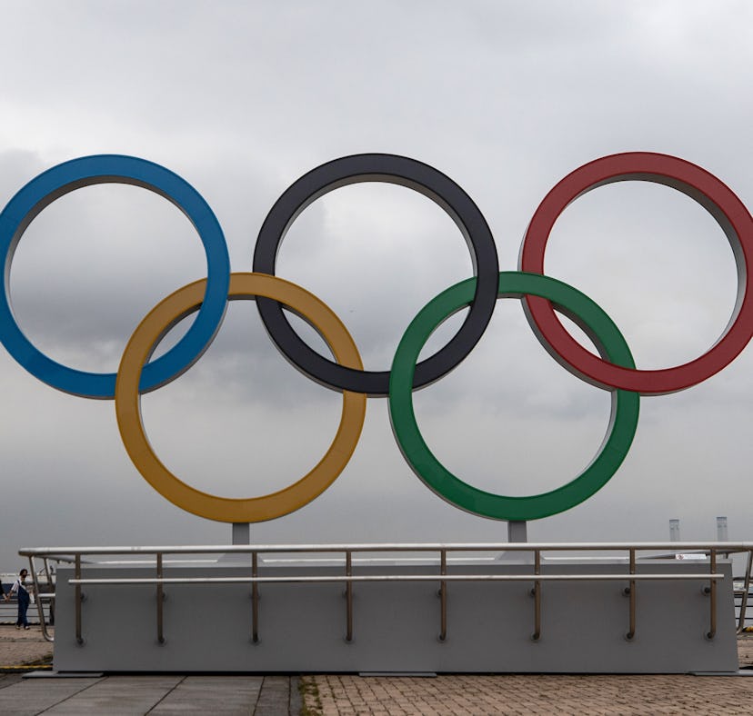 The 2021 Olympic Rings are displayed at Akarenga Park in Yokohama, Japan.