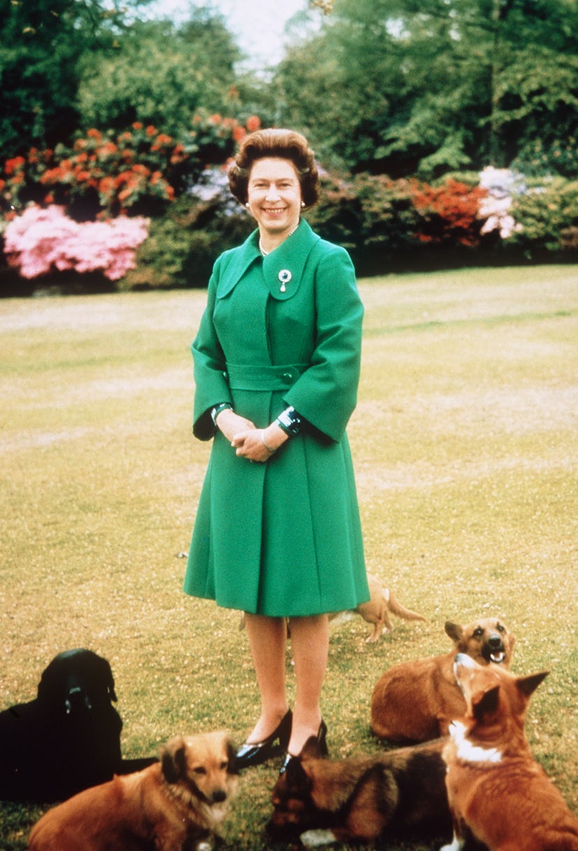 Queen Elizabeth II, wearing a green two-piece suit April 1980.