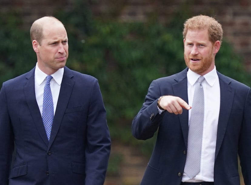Britain's Prince William, Duke of Cambridge (L) and Britain's Prince Harry, Duke of Sussex chat ahea...