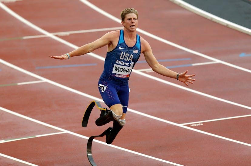 USA's Hunter Woodhall during the Men's 4x100m Relay T42-47 during day ten of the 2017 World Para Ath...