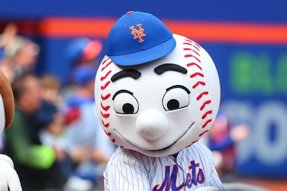 FLUSHING, NY - APRIL 03:  Mr Met comes out to sing take me out to the ballgame in the seventh inning...